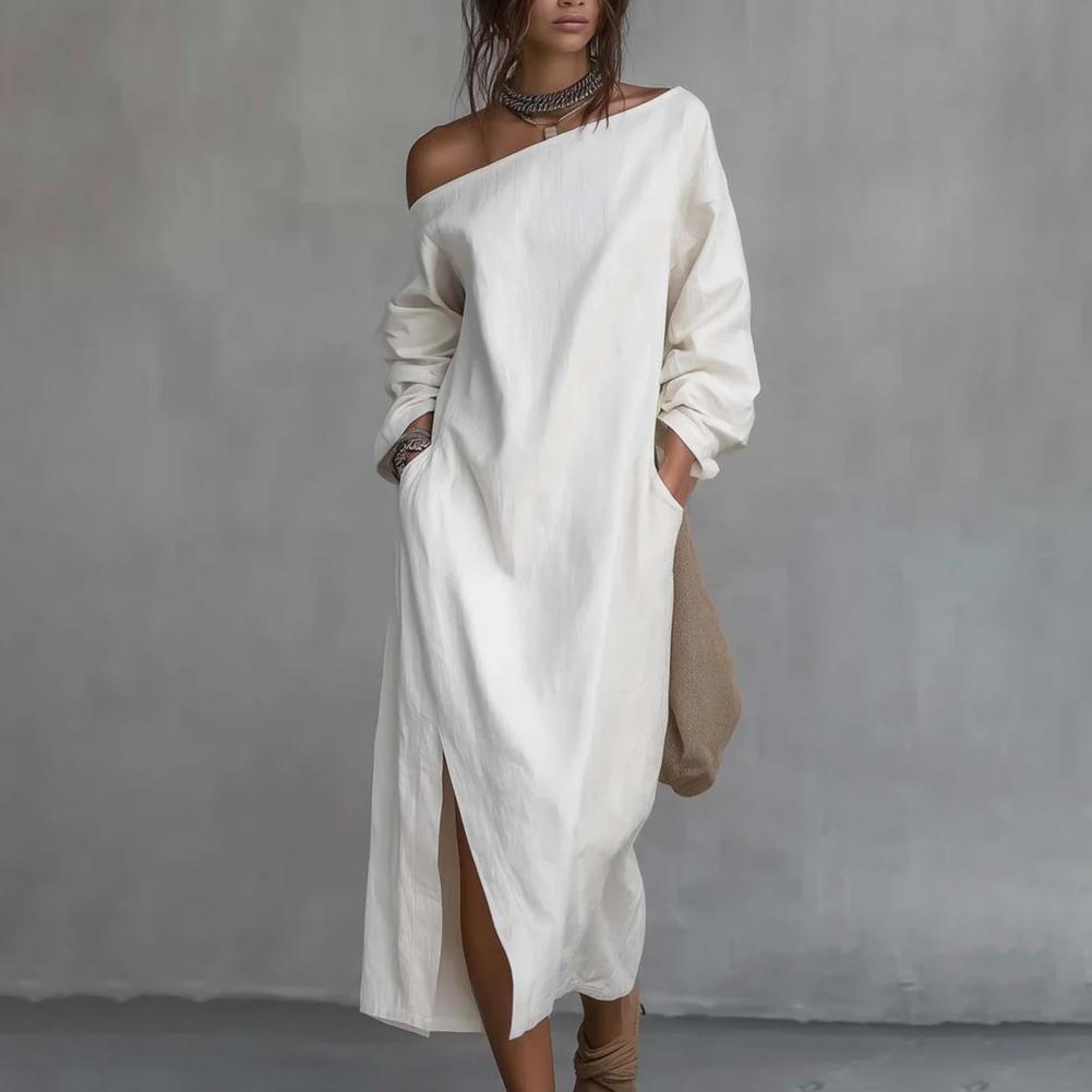 Maxi-jurk met één schouder en  - Linen Dress Wrap recensie en prijs